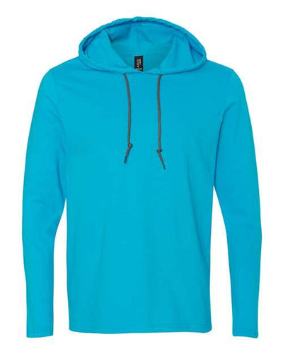 Gildan 987 Unisex Softstyle Lightweight Hooded Long Sleeve T-Shirt - Caribbean Blue/ Dark Grey - front