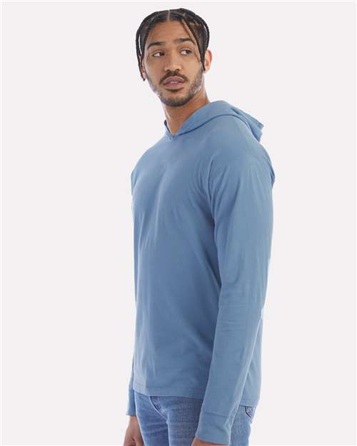 Hanes GDH280 Unisex Garment-Dyed Jersey Hooded Long Sleeve T-Shirt - Saltwater - model side