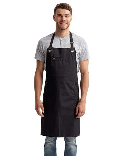 Artisan Collection by Reprime RP121 Barley Contrast Stitch Recycled Bib Apron - Black/ Charcoal - model front
