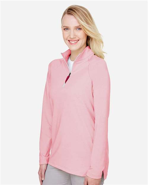 Devon & Jones DG480W Women's CrownLux Performance Clubhouse Micro-Stripe Quarter-Zip Pullover - Red - model side