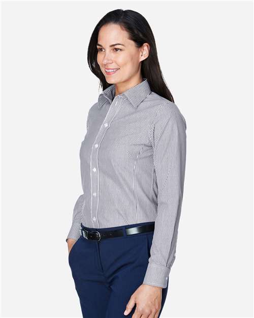 Devon & Jones D645W Women's Crown Collection Banker Stripe Woven Dress Shirt - Navy - model side