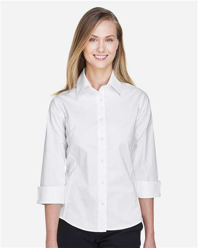 Devon & Jones DP625W Women's Perfect Fit Three-Quarter Sleeve Stretch Poplin Dress Shirt - White - model front