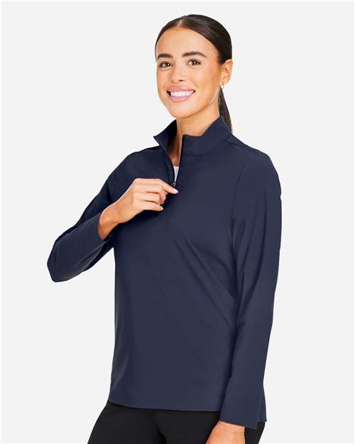 Devon & Jones DG410W Women's CrownLux Performance Windsor Welded Quarter-Zip Pullover - Navy - model side