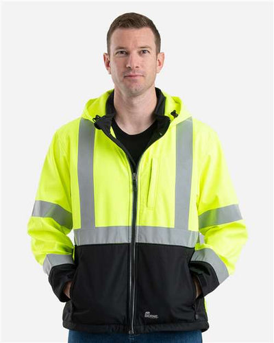 Berne Apparel HVJS206 Men's Hi-Vis Class 3 Hooded Soft Shell Jacket - Yellow - model front