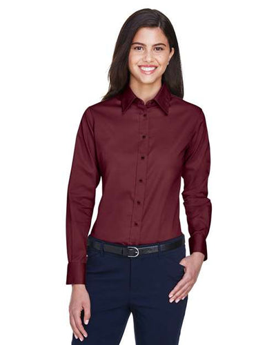 Harriton M500W Women's Easy Blend Long Sleeve Twill Dress Shirt with Stain-Release - Wine - model front