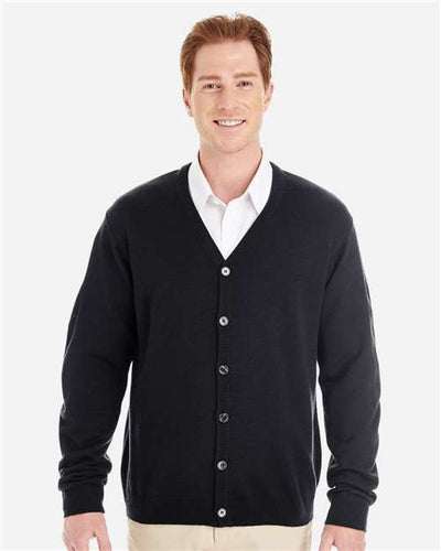 Harriton M425 Men's Pilbloc V-Neck Button Cardigan Sweater - Black - model front