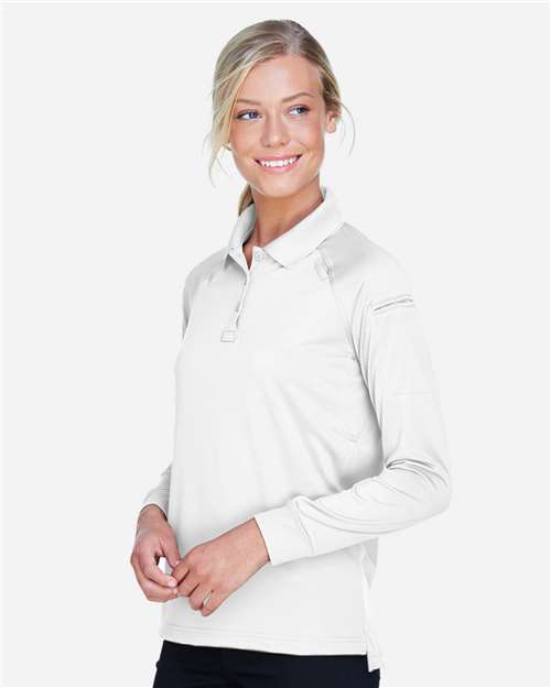Harriton M211LW Women's Advantage Long Sleeve Tactical Polo - White - model side