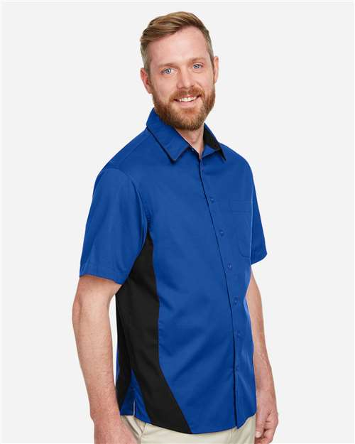 Harriton M586 Men's Flash IL Colorblock Shirt - True Royal/ Black - model side
