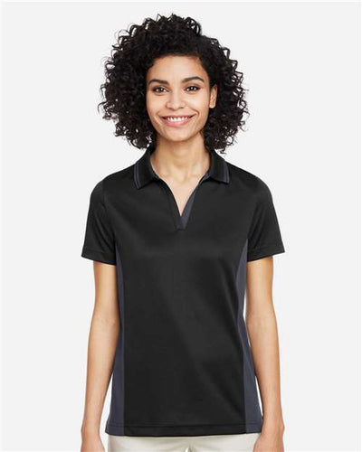 Harriton M386W Women's Flash Snag Protection Plus IL Colorblock Polo - Black/ Dark Charcoal - model front
