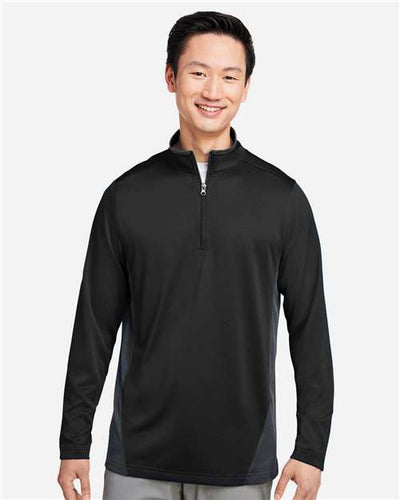 Harriton M786 Men's Flash Snag Protection Plus IL Colorblock Quarter-Zip Pullover - Black/ Dark Charcoal - model front