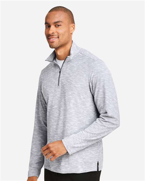 North End NE415 Men's Eclipse Jacquard Quarter-Zip Pullover - Platinum Heather - model side