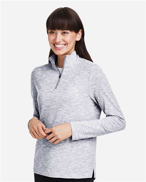North End NE415W Women's Eclipse Jacquard Quarter-Zip Pullover - Platinum Heather - model side