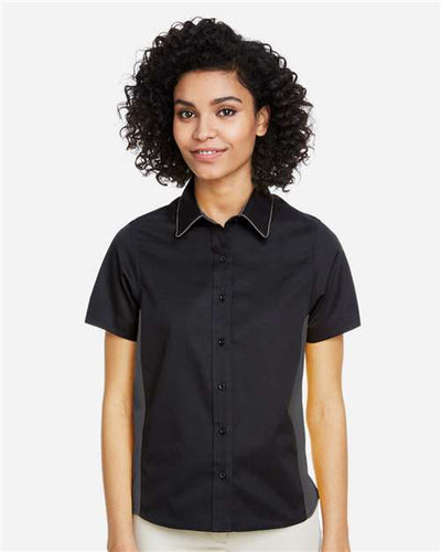 Harriton M586W Women's Flash IL Colorblock Shirt - Black/ Dark Charcoal - model front
