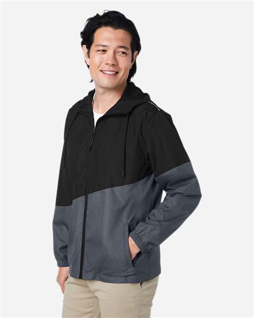 Core 365 CE710 Unisex Techno Lite Colorblock Windbreaker - Black/ Carbon - model side