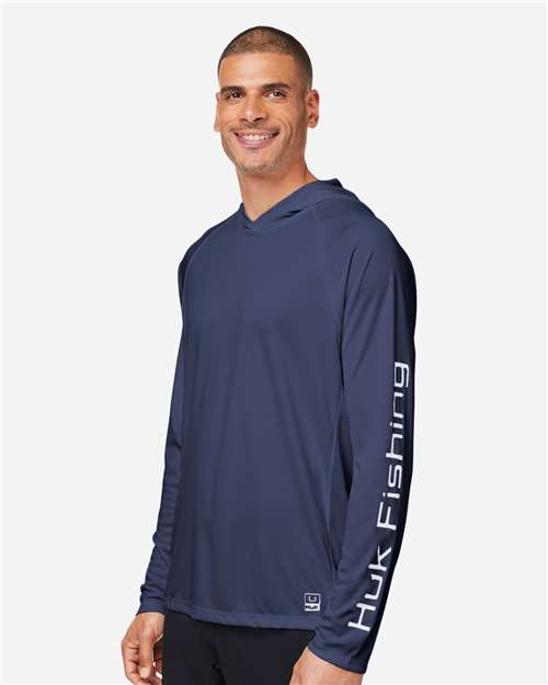 HUK H12L010 Men's LoPro Pursuit Long Sleeve Hooded T-Shirt - Naval Academy - model side