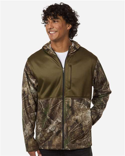 RealTree RT5204 Unisex Realtree Performance Colorblocked Full-Zip Hooded Sweatshirt - Camo/ Green - model front