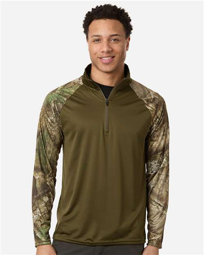 RealTree RT5703 Unisex Realtree Performance Colorblocked Quarter-Zip Pullover - Camo/ Green - model front