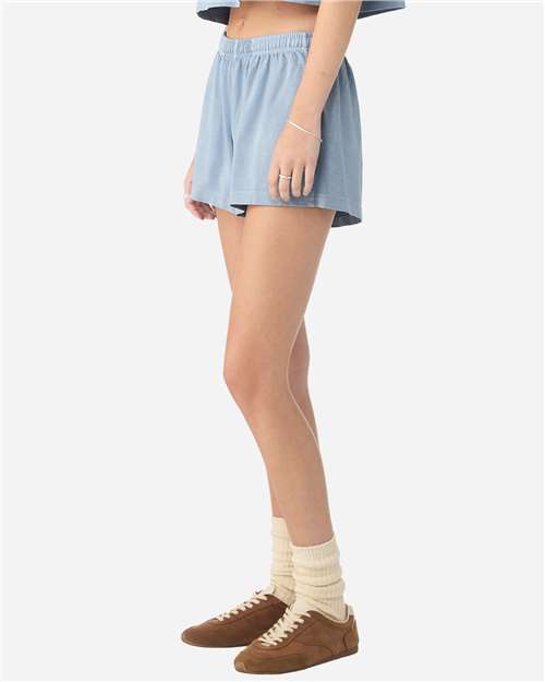 BELLA + CANVAS 6824GD Women's Garment-Dyed Shorts - Light Washed Denim - model side