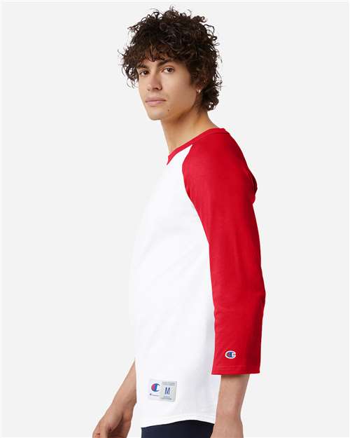 Champion T137 Unisex Raglan Sleeve Baseball T-Shirt - White/ Scarlet - model side