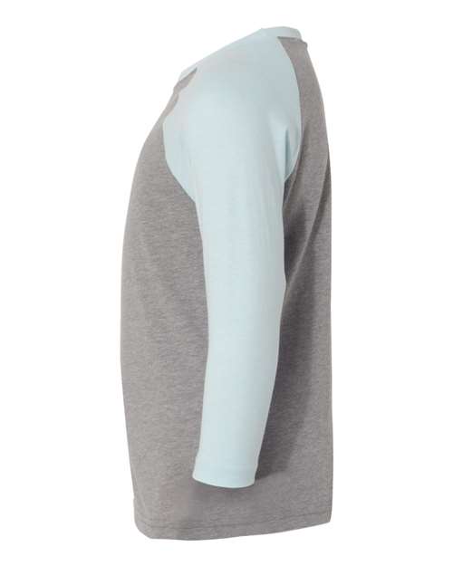 Next Level 3352 Youth CVC Three-Quarter Sleeve Raglan T-Shirt - Ice Blue Sleeves/ Dark Heather Grey Body - side