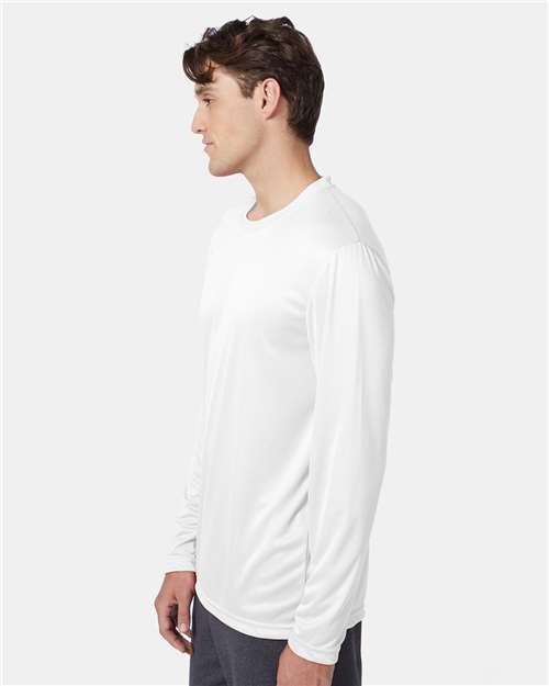 Hanes 482L Unisex Cool DRI Long Sleeve Performance T-Shirt - White - model side