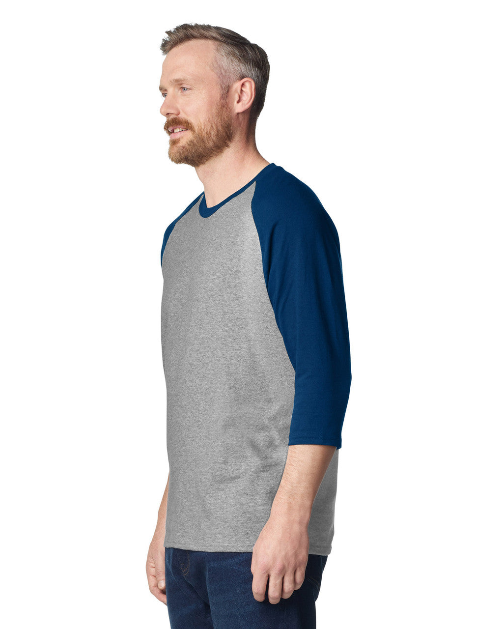 Gildan 5700 Unisex Heavy Cotton Raglan Three-Quarter Sleeve T-Shirt - Sport Grey/ Navy - model side
