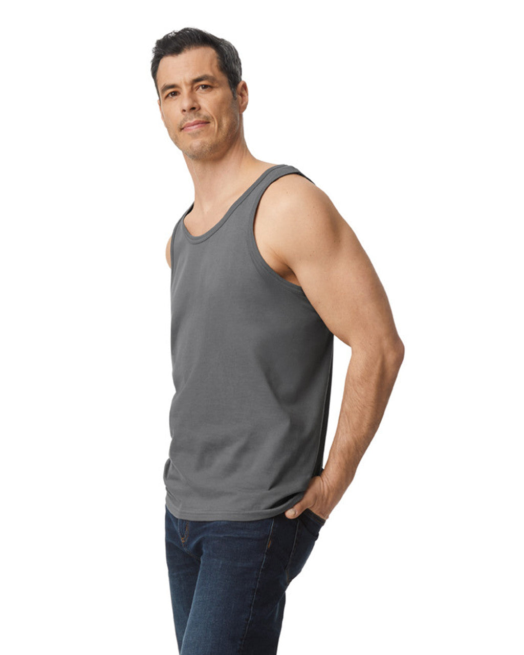 Gildan 64200 Unisex Softstyle Tank Top - Charcoal - model side