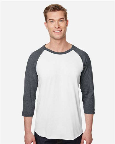 Jerzees 560RR Premium Blend Ringspun Three-Quarter Sleeve Raglan Baseball T-Shirt - White/ Charcoal Heather - model front
