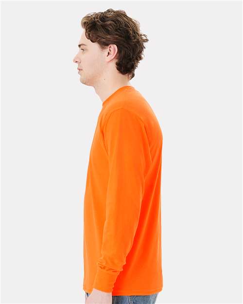 Hanes W120 Unisex Workwear Long Sleeve Pocket T-Shirt - Safety Orange - model side
