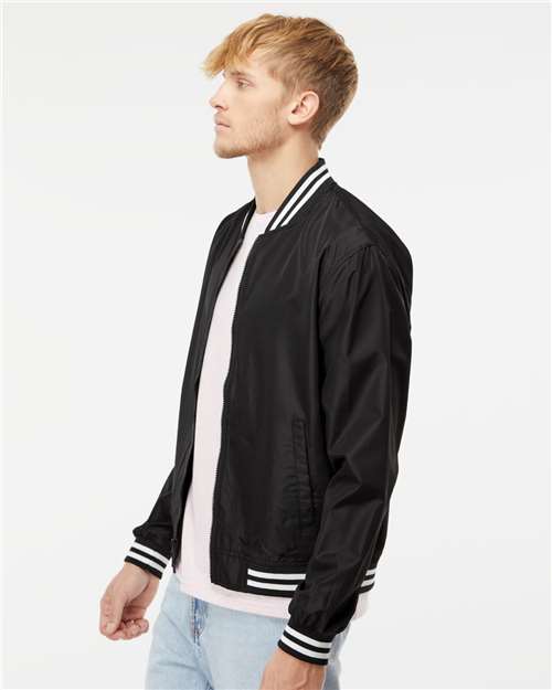Independent Trading Co. EXP52BMR Unisex Lightweight Bomber Jacket - Black/ White Stripe - model side