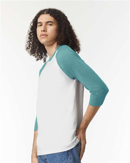 American Apparel 2003CVC Unisex CVC Three-Quarter Sleeve Tee - White/Heather Arctic - model side
