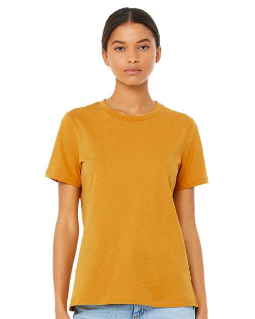 BELLA + CANVAS 6400CVC Women’s Relaxed Fit Heather CVC Tee - Heather Mustard - model front