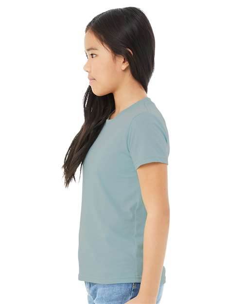 BELLA + CANVAS 3001YCVC Youth CVC Jersey Tee - Heather Blue Lagoon - model side