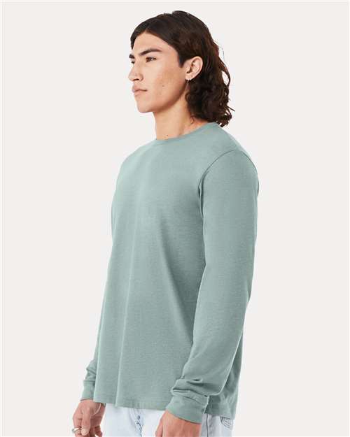 BELLA + CANVAS 3501CVC Heather CVC Long Sleeve Tee - Heather Dusty Blue - model side