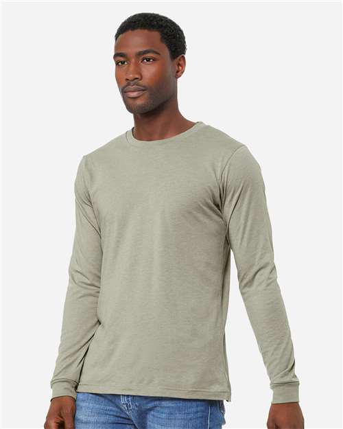 BELLA + CANVAS 3501CVC Heather CVC Long Sleeve Tee - Heather Stone - model side