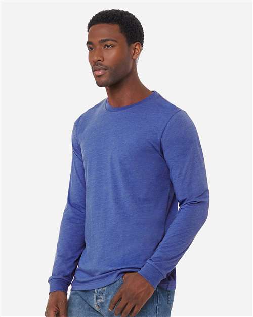 BELLA + CANVAS 3501CVC Heather CVC Long Sleeve Tee - Heather True Royal - model side