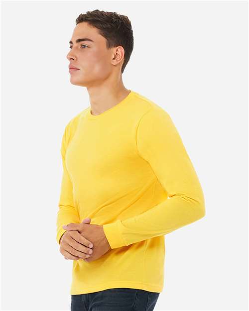 BELLA + CANVAS 3501CVC Heather CVC Long Sleeve Tee - Heather Yellow Gold - model side