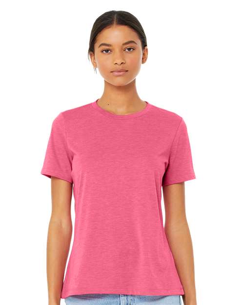 BELLA + CANVAS 6413 Women’s Relaxed Fit Triblend Tee - Charity Pink Triblend - model front