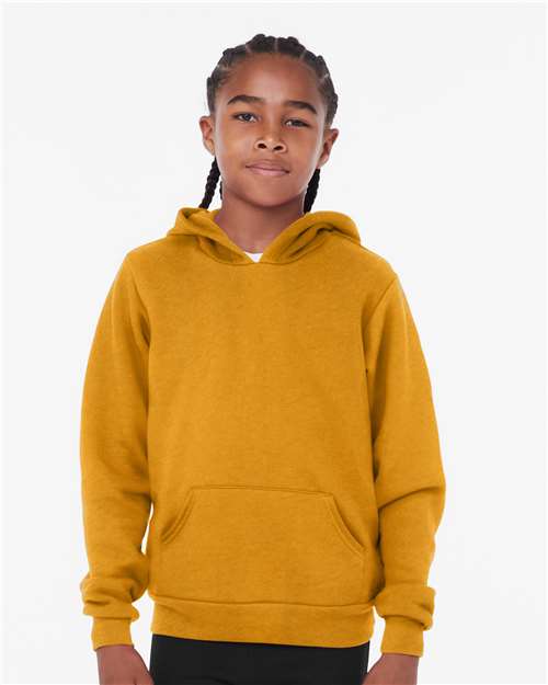 BELLA + CANVAS 3719Y Youth Sponge Fleece Hoodie Sweatshirt - Heather Mustard - model front
