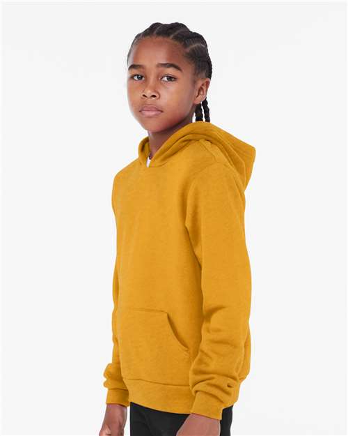 BELLA + CANVAS 3719Y Youth Sponge Fleece Hoodie Sweatshirt - Heather Mustard - model side