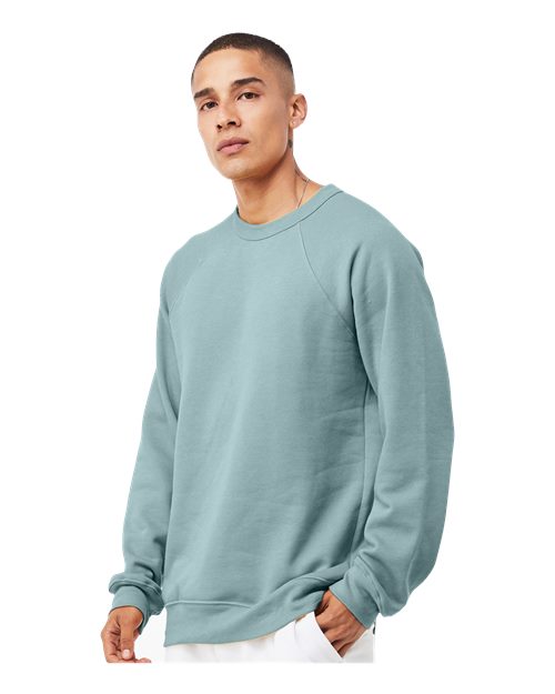 BELLA + CANVAS 3901 Unisex Sponge Fleece Raglan Crewneck Sweatshirt - Heather Blue Lagoon - model side