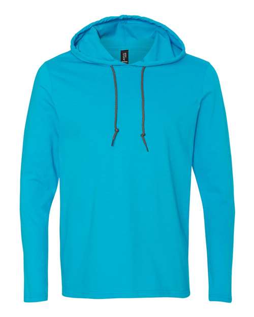 Gildan 987 Unisex Softstyle Lightweight Hooded Long Sleeve T-Shirt - Caribbean Blue/ Dark Grey - front