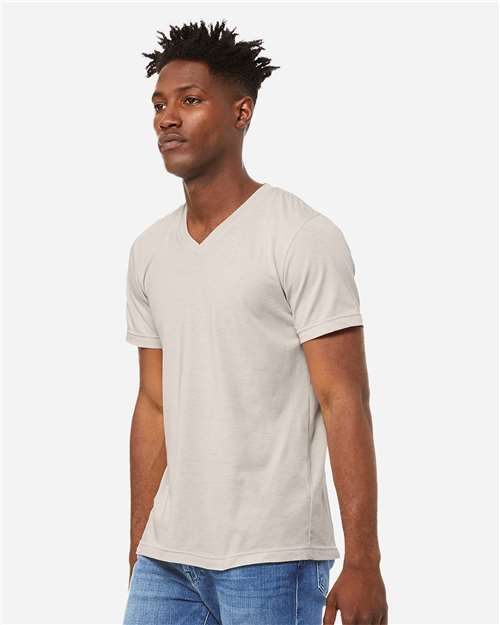 BELLA + CANVAS 3005CVC Unisex Heather CVC V-Neck Tee - Heather Dust - model side