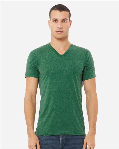 BELLA + CANVAS 3005CVC Unisex Heather CVC V-Neck Tee - Heather Grass Green - model front