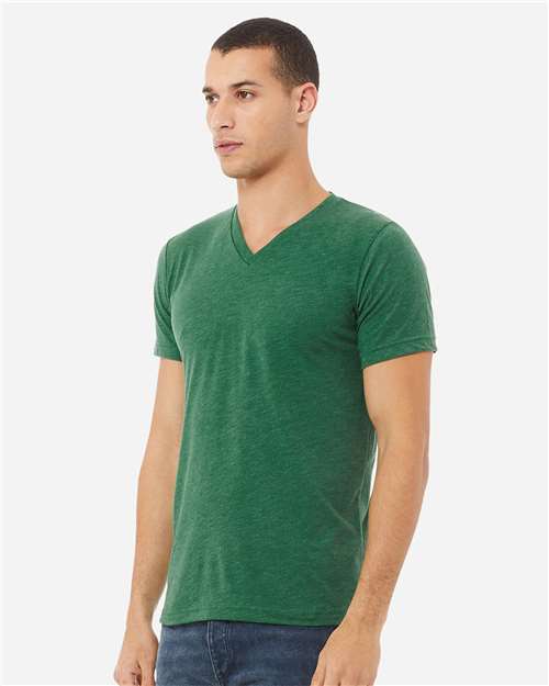 BELLA + CANVAS 3005CVC Unisex Heather CVC V-Neck Tee - Heather Grass Green - model side