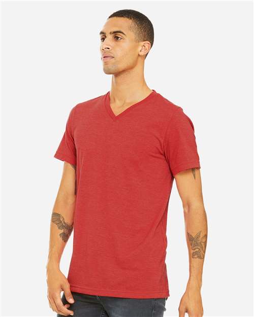 BELLA + CANVAS 3005CVC Unisex Heather CVC V-Neck Tee - Heather Red - model side