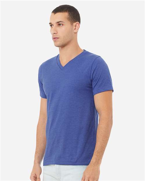 BELLA + CANVAS 3005CVC Unisex Heather CVC V-Neck Tee - Heather True Royal - model side