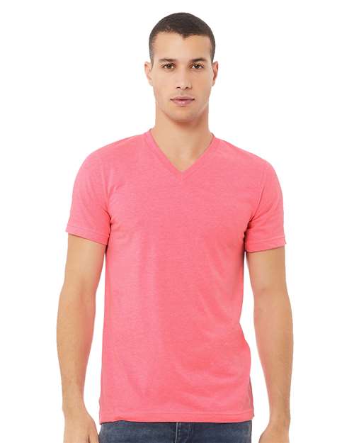 BELLA + CANVAS 3005CVC Unisex Heather CVC V-Neck Tee - Neon Pink - model front
