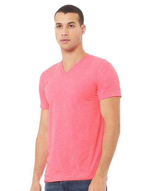 BELLA + CANVAS 3005CVC Unisex Heather CVC V-Neck Tee - Neon Pink - model side