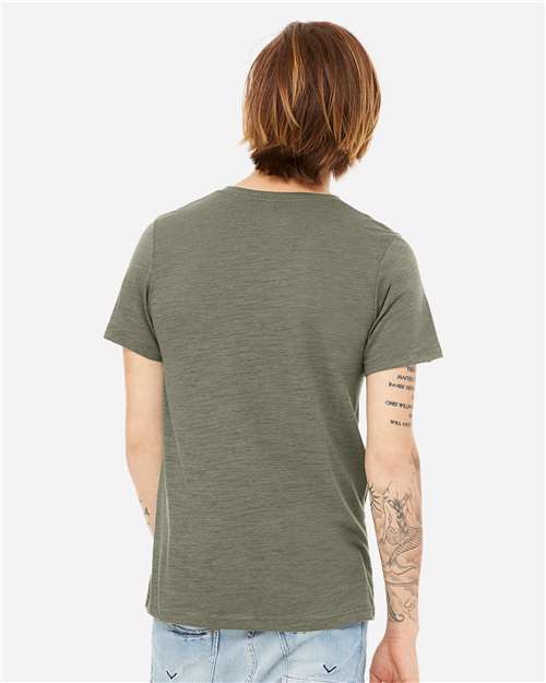 BELLA + CANVAS 3655 Unisex Textured Jersey V-Neck Tee - Olive Slub - model back